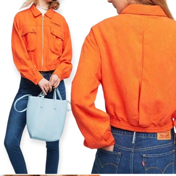 Anthropologie Cartonnier Orange Jaquard Full Zip Eisenhower Jacket Large - Picture 6 of 17